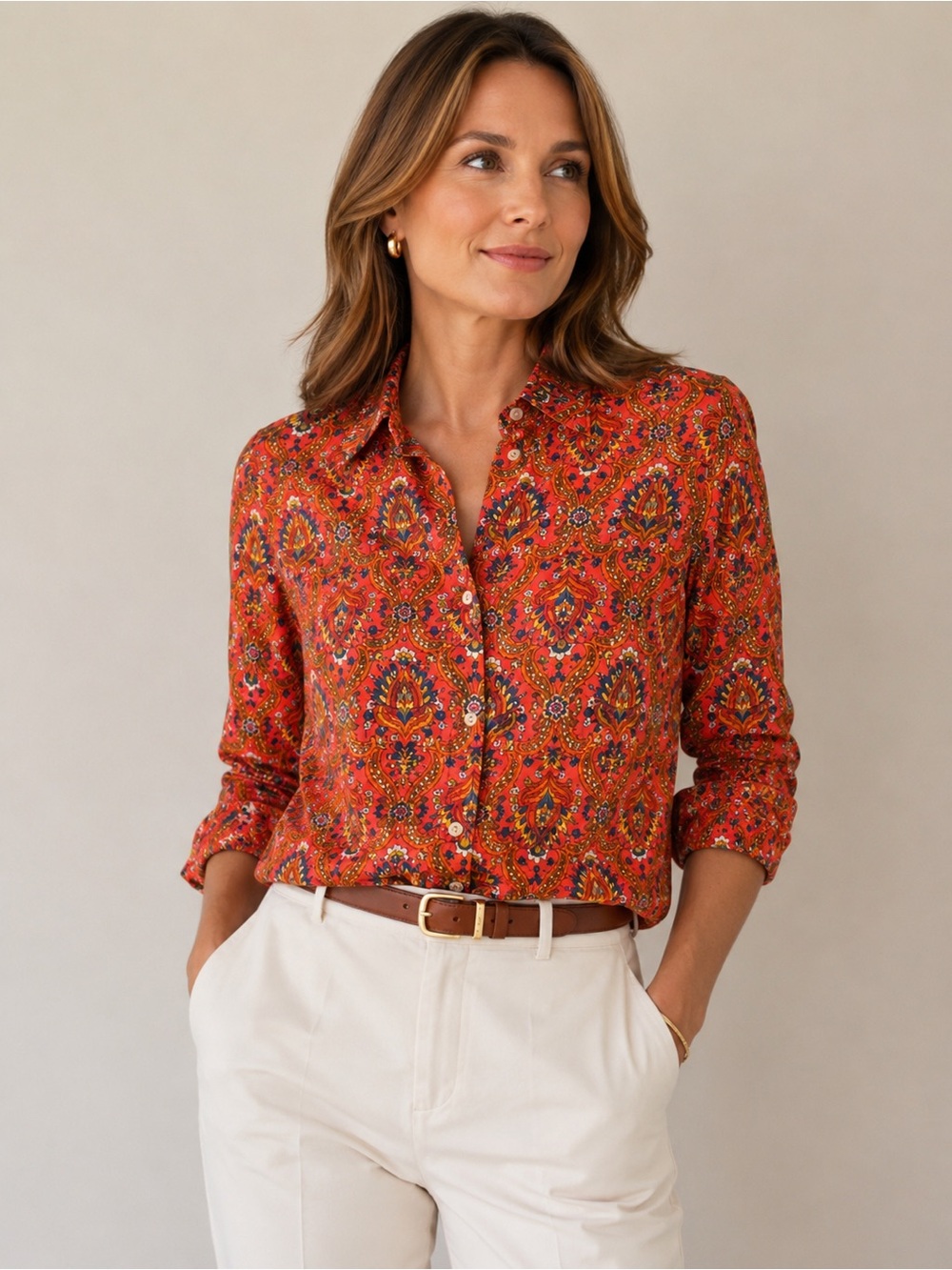 Talbots Medallion Printed Perfect Button Shirt Preppy Statement Whimsical Artsy